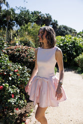 Lily Satin Pink Bow Boatneck Dress with Box Pleat