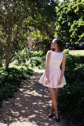 Lily Satin Pink Bow Boatneck Dress with Box Pleat