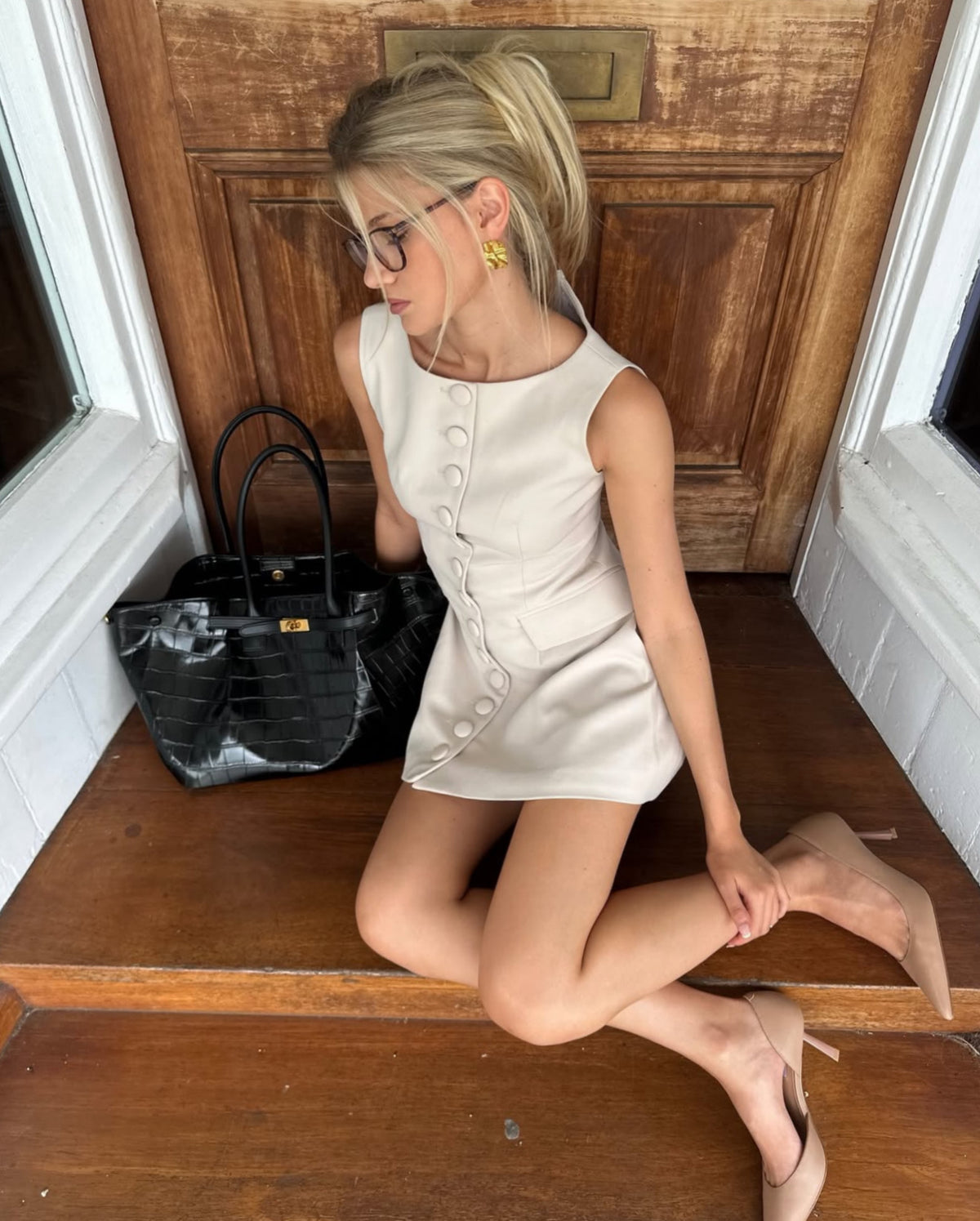 Elle Boatneck Button Detail Mini Dress