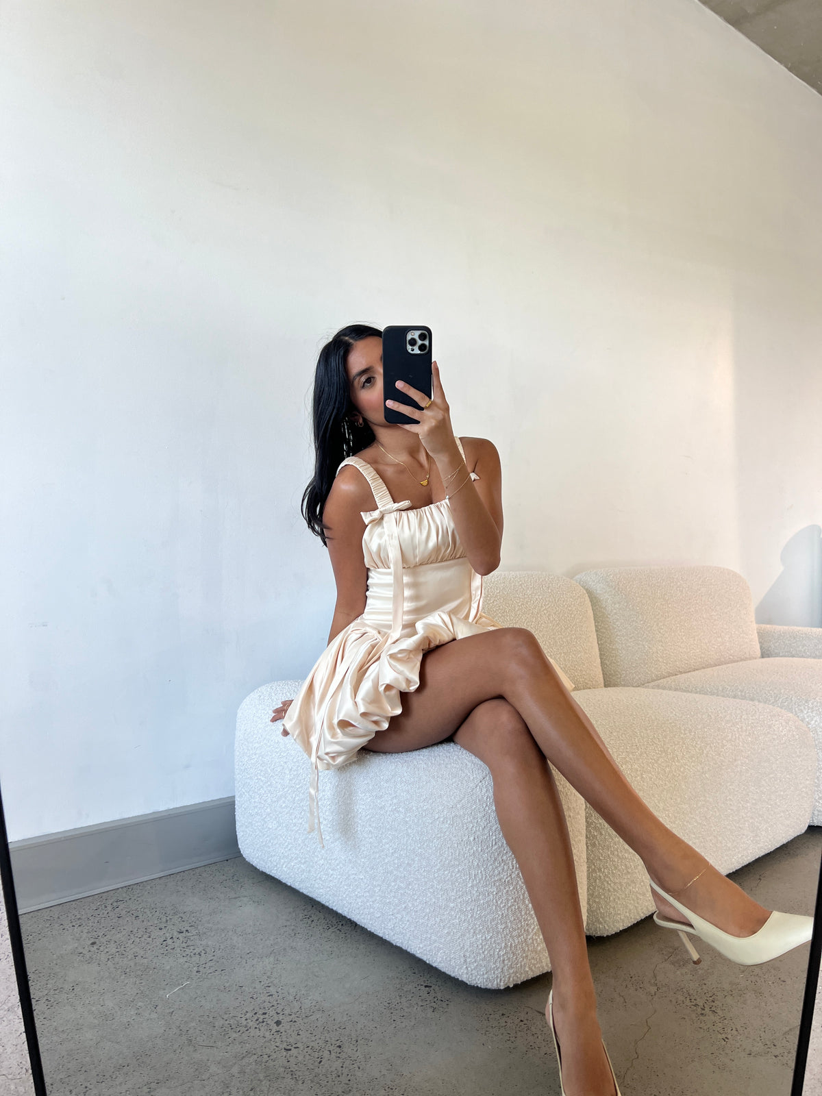 Winnie Satin Bubble Hem With Bow Detail Mini Dress